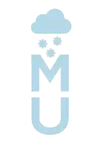 a blue letter m with a cloud and snowflakes