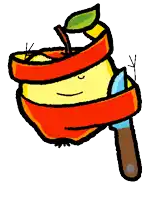 a cartoon drawing of an apple with a knife in it 's mouth