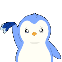 a blue and white penguin with a yellow beak is crying