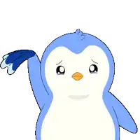 a blue and white penguin with a yellow beak is crying