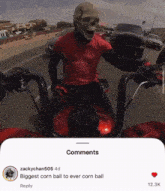 a man wearing a skull mask rides a motorcycle