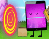 a cartoon character with a purple screen is standing next to a box and a target