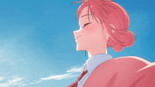 a drawing of a girl with pink hair and a blue sky behind her