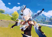 a video game character is standing in a field with a sword