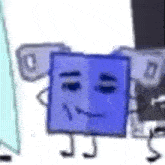 a blue square with a face and arms and legs is standing next to another blue square with a face .