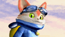 a cat wearing goggles and a blue jacket
