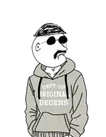 a drawing of a man wearing a hoodie that says " dept. of origin degens "