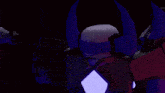 a robot with purple horns is holding a gun