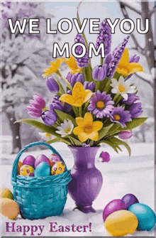 a bouquet of flowers in a purple vase next to a basket of easter eggs