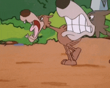 two cartoon dogs are walking down a dirt road .