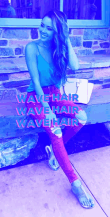 a woman is sitting on a bench with the words wave hair wave hair wave hair behind her