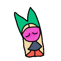 a cartoon drawing of a person with a green hat and a pink face