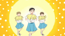 a group of cheerleaders are dancing in front of a yellow background with white dots