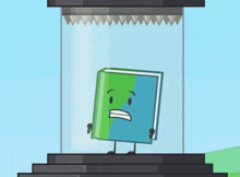 a green and blue book with arms and legs is in a glass case