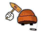 a cartoon hand holding a sign that says hi next to an orange hat
