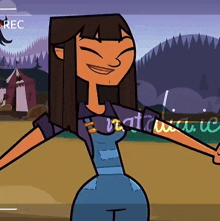 a cartoon girl with overalls is smiling in front of a recording screen that says " rec "