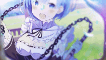 a girl with blue hair is holding a chain around her neck and looking at the camera .