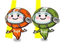 two cartoon characters with bug4 and bug2 written on their outfits