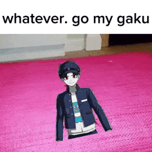 a boy is standing on a pink rug with the words whatever go my gaku
