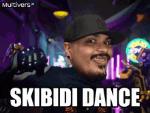 a man wearing a ny hat says skibidi dance in front of a purple background