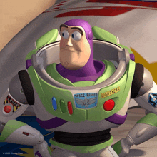 a toy story character named buzz lightyear is wearing a helmet