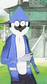 a regular show cartoon character standing in front of a house