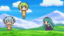 a cartoon of three little girls standing in a grassy field with mountains in the background
