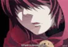 a girl with red hair is wearing a red hood and holding a teddy bear .