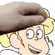 a cartoon girl with a donut on her head is smiling and wearing a hat .