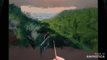 a painting of a man walking down stairs is made in animotica