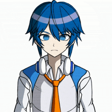 a cartoon character with blue hair and headphones