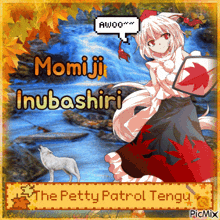 a picture of a girl and a wolf says momiji inubashiri the petty patrol tengu