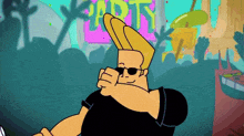 a cartoon character wearing sunglasses stands in front of a party sign