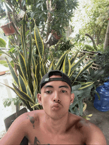a shirtless man with a tattoo on his shoulder takes a selfie in front of plants