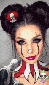 a woman in a clown costume has a clown pin on her hair