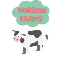 an illustration of a cow with the words horizon farms above it
