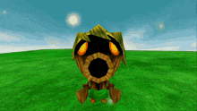a cartoon character is sitting in a grassy field with a blue sky behind him