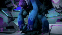 a blue monster with purple arms and legs is standing in a dark room