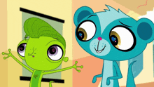 a cartoon of a green lizard and a blue bear