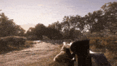 a person is holding a shotgun in a field with trees