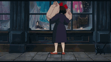 a woman is standing in front of a store with the word presles on it