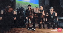 a group of cartoon characters are standing next to each other and the word okay is on the screen