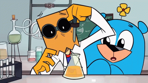 Dr Flug doing a science experiment a drops some liquid into a glass flask and the liquid turns green and explodes and the blue bear character gets a big fright