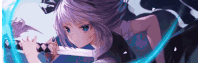 a girl with blue eyes is holding a sword in her hand