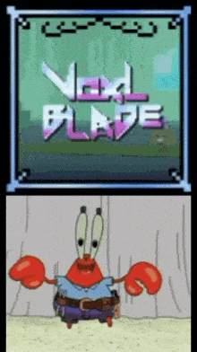 a cartoon character is standing in front of a screen that says ' vessel blade '