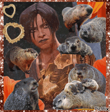 a picture of a woman surrounded by ground squirrels with picmix written on the bottom