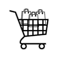 a black and white drawing of a shopping cart with shopping bags in it .