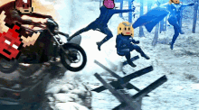 a pixelated image of a man riding a motorcycle and another man riding a motorcycle
