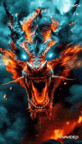 a dragon with blue eyes is surrounded by flames and has its mouth open .