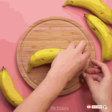 a person is cutting a banana on a cutting board with a subscribe button on the bottom right